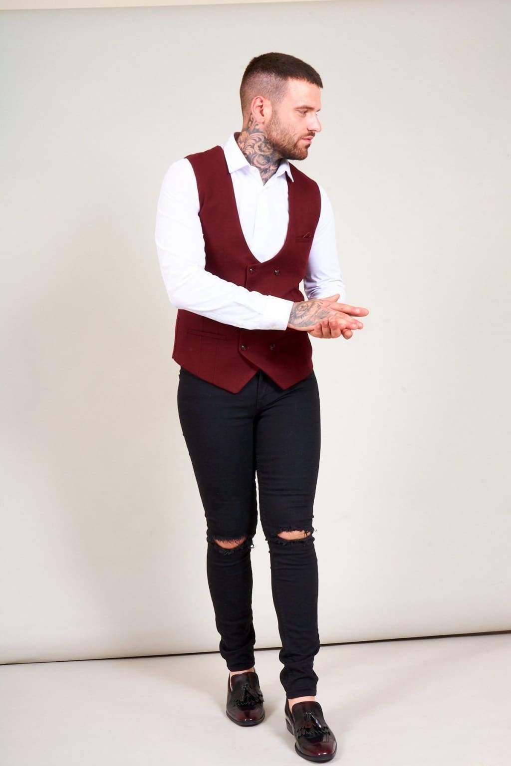 Marc Darcy Kelly Men’s Wine Double Breasted Waistcoat - Suit & Tailoring