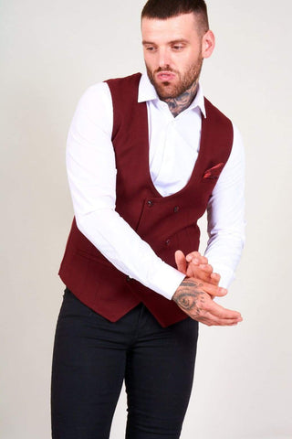 Marc Darcy Kelly Men’s Wine Double Breasted Waistcoat - Suit & Tailoring
