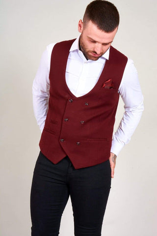 Marc Darcy Kelly Mens Wine Double Breasted Waistcoat - Suit & Tailoring