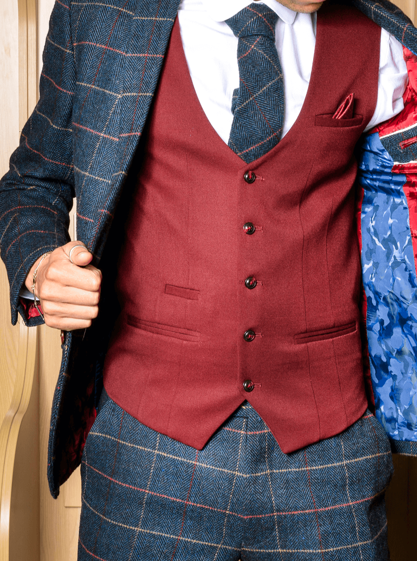 Marc Darcy Kelly Mens Wine Single Breasted Waistcoat - Suit & Tailoring