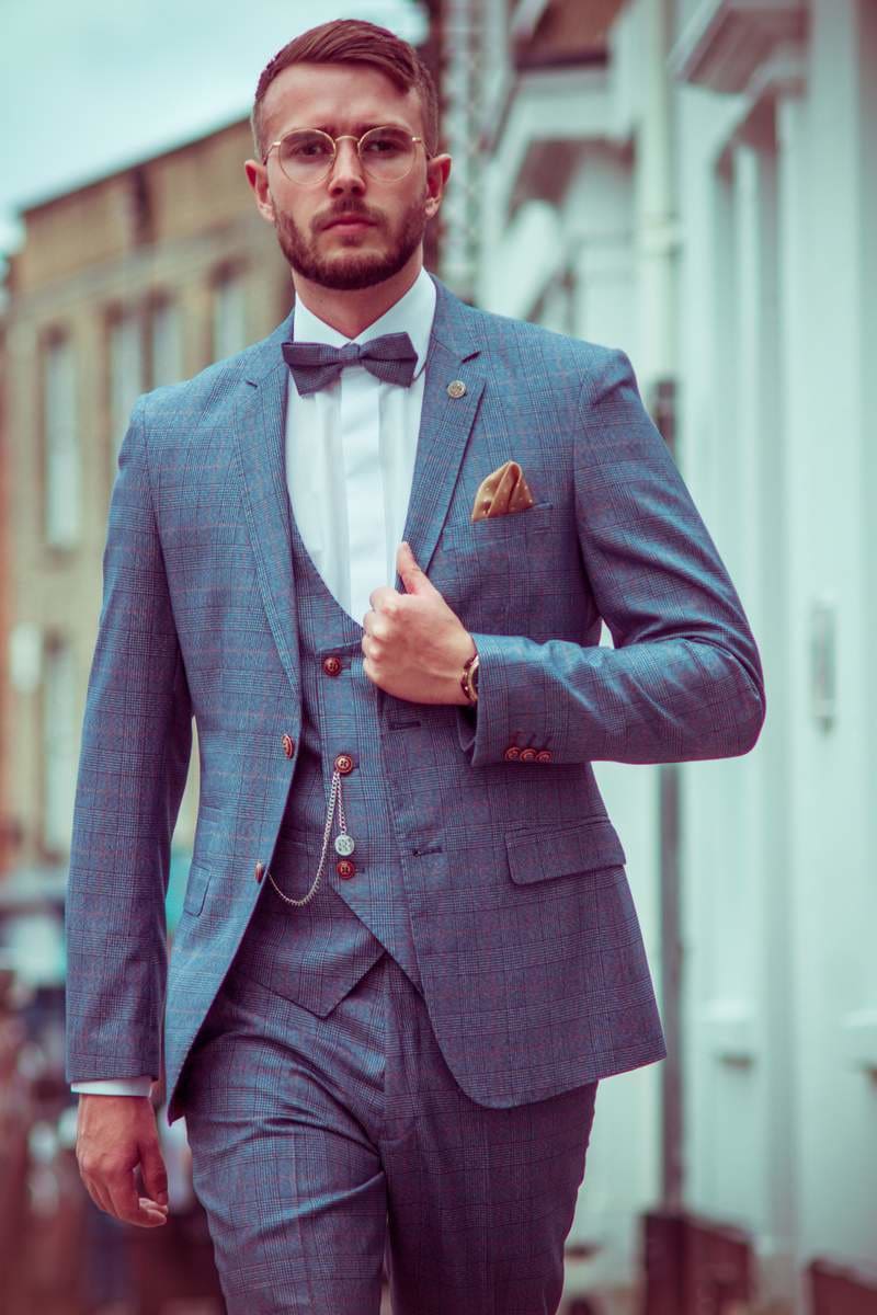 Marc Darcy George Light Blue Check Three Piece Suit - Suit & Tailoring