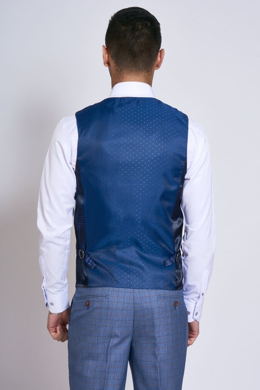 Marc Darcy George Light Blue Check Three Piece Suit waistcoat back - Suit & Tailoring