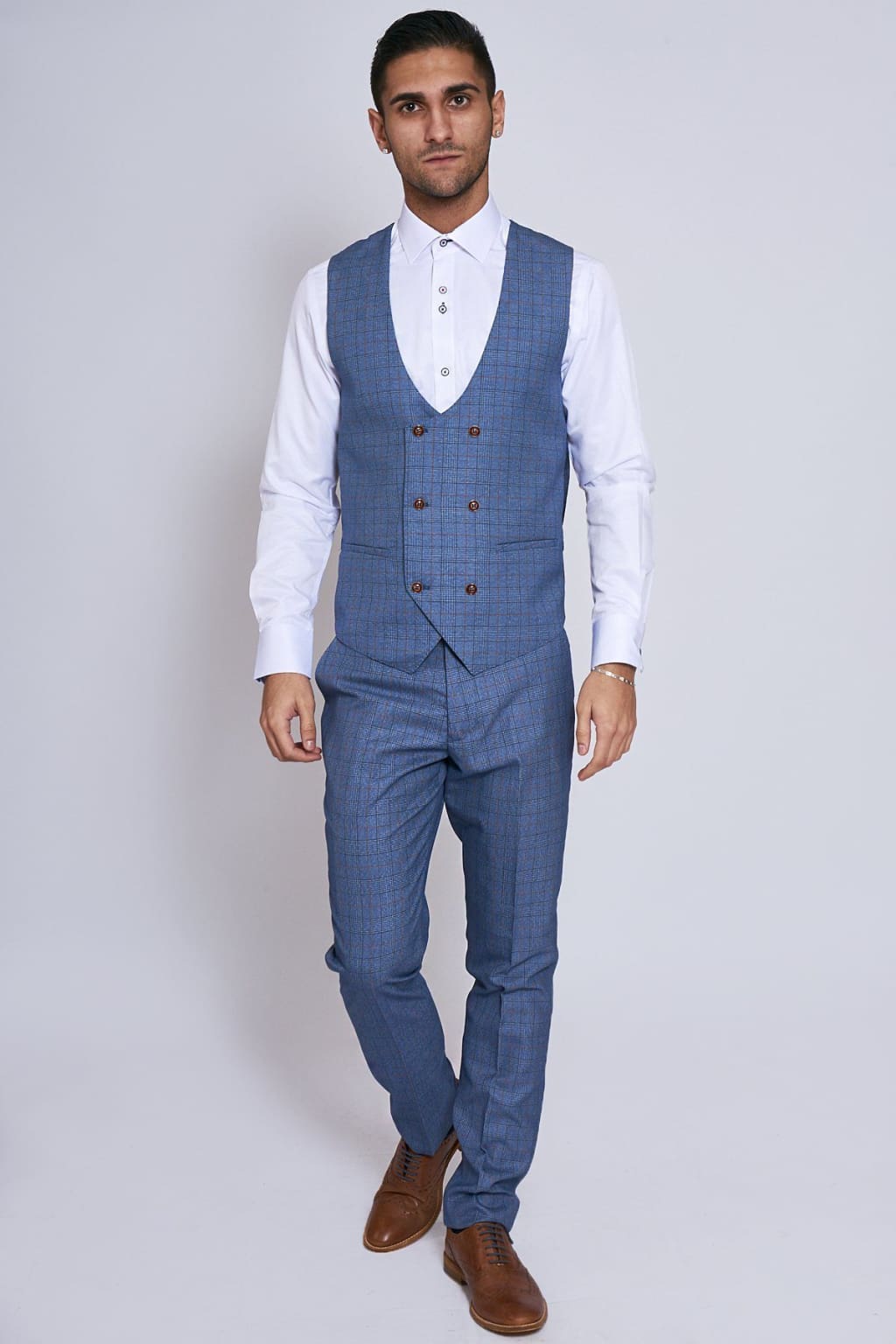 Marc Darcy George Light Blue Check Three Piece Suit - Suit & Tailoring