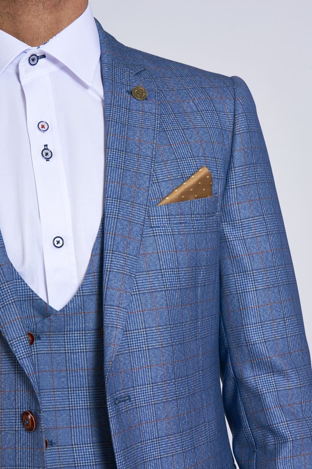 Marc Darcy George Light Blue Check Three Piece Suit Close up- menswearr.com