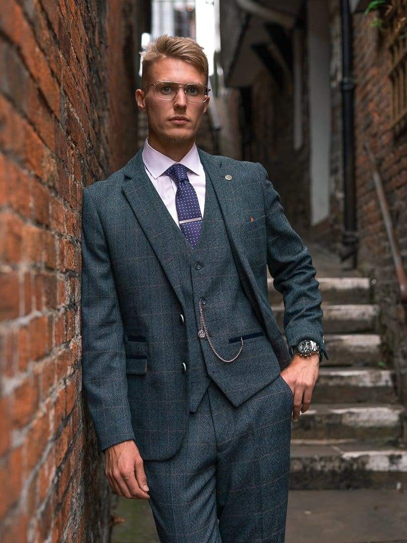 Marc Darcy Scott Blue Check Three Piece Suit - Suit & Tailoring