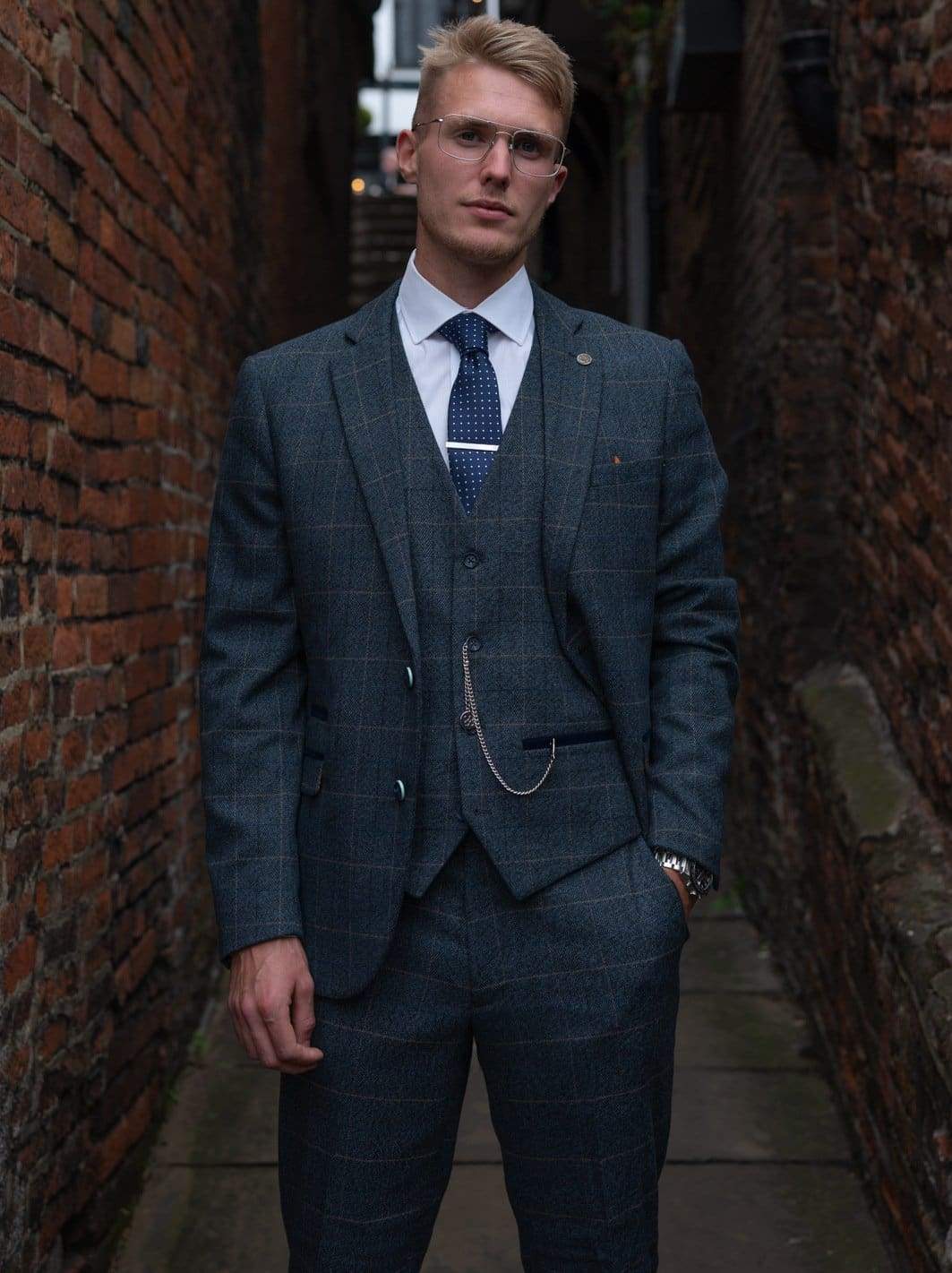 Marc Darcy Scott Blue Check Three Piece Suit - Suit & Tailoring