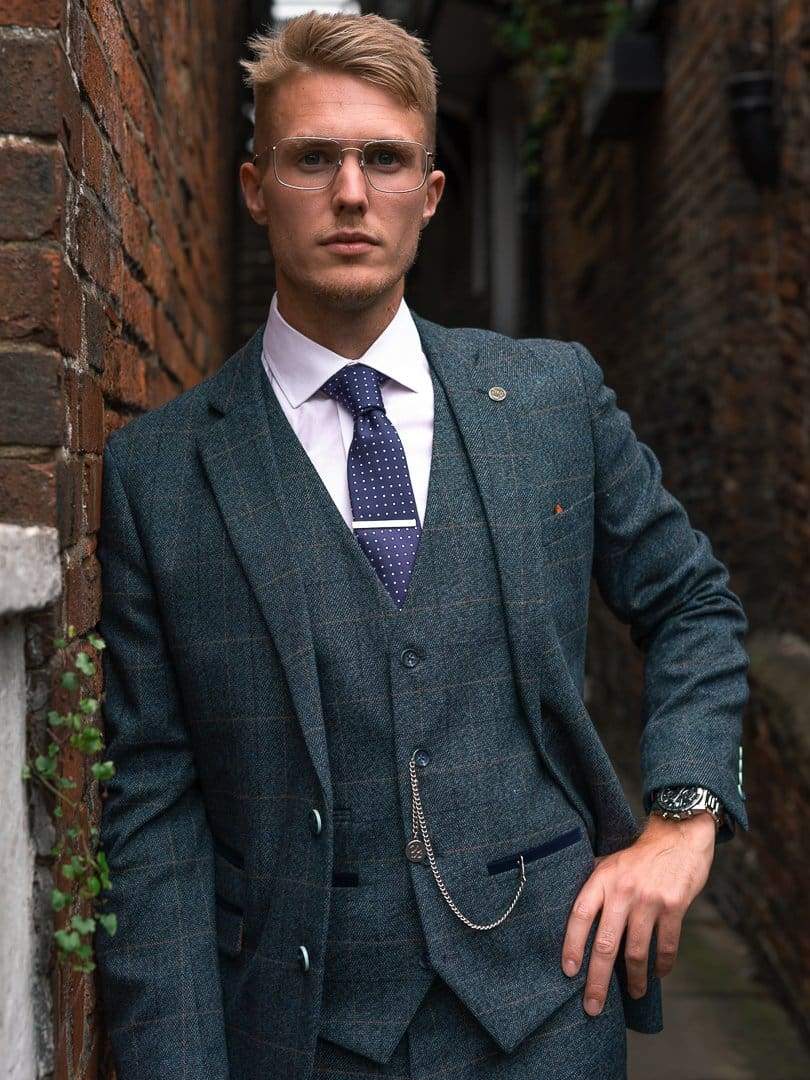 Marc Darcy Scott Blue Check Three Piece Suit - Suit & Tailoring