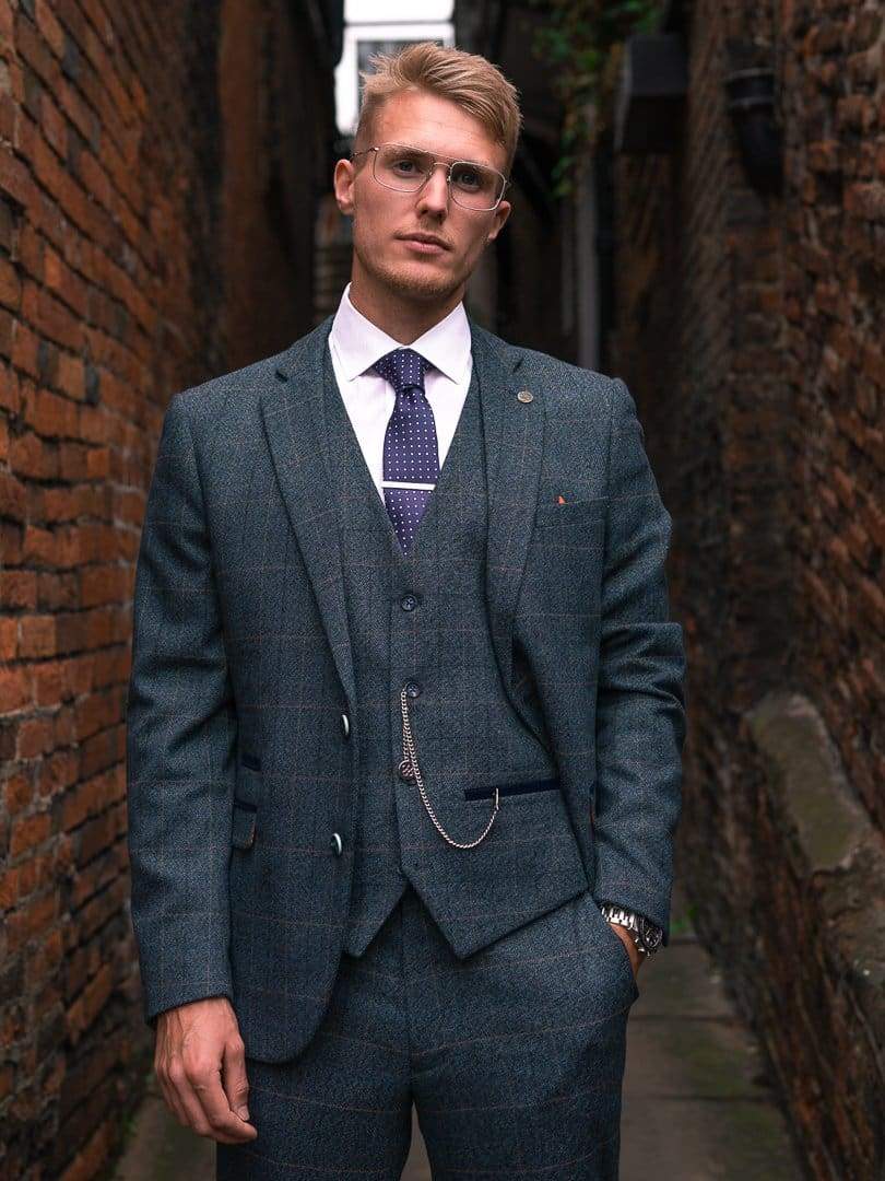 Marc Darcy Scott Blue Check Three Piece Suit - Suit & Tailoring