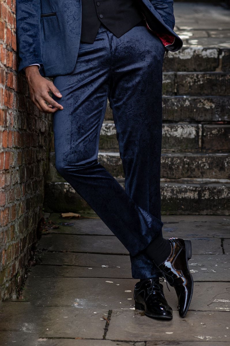 Simon Velvet Navy Blue Paisley Tuxedo Trousers - Trousers