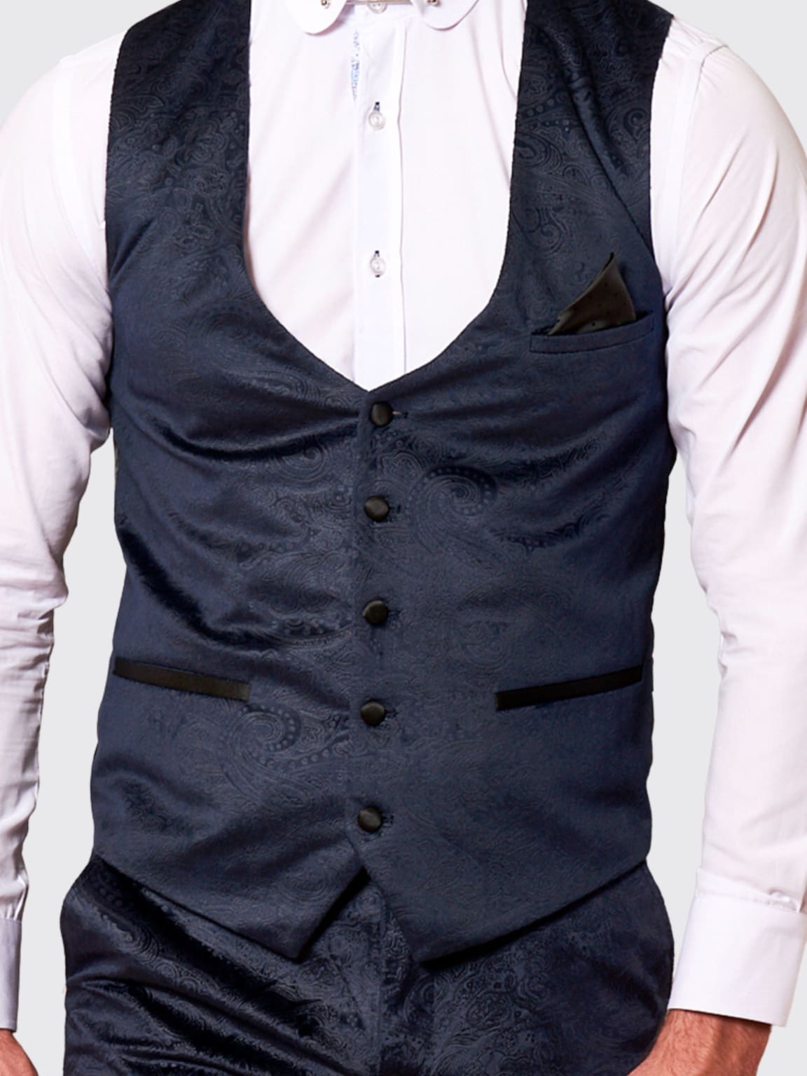 Simon Velvet Navy Blue Paisley Tuxedo Waistcoat - 34R - Waistcoats