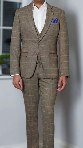 Marc Darcy Ted Men’s 3 Piece Tan Slim Fit Tweed Suit - Suit & Tailoring