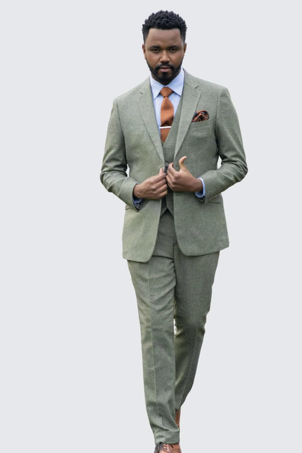 Skopes Jude Sage Green Herringbone Tweed 3 Piece Suit - Suits