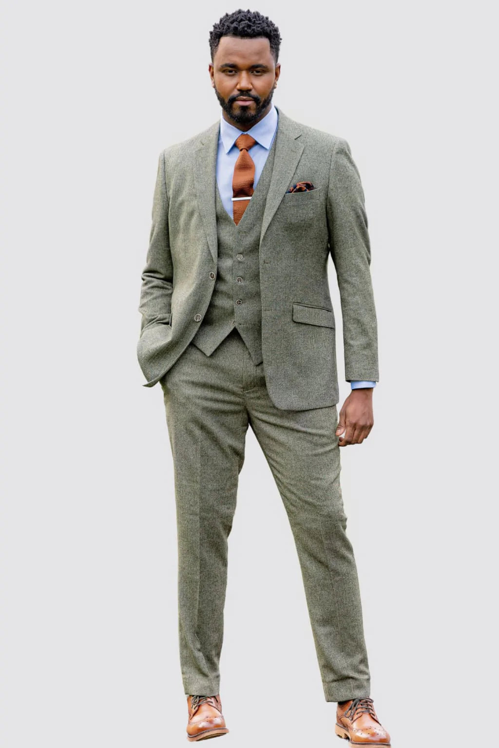 Men's Piece Sage Green Tweed Wedding Suit - Main Image