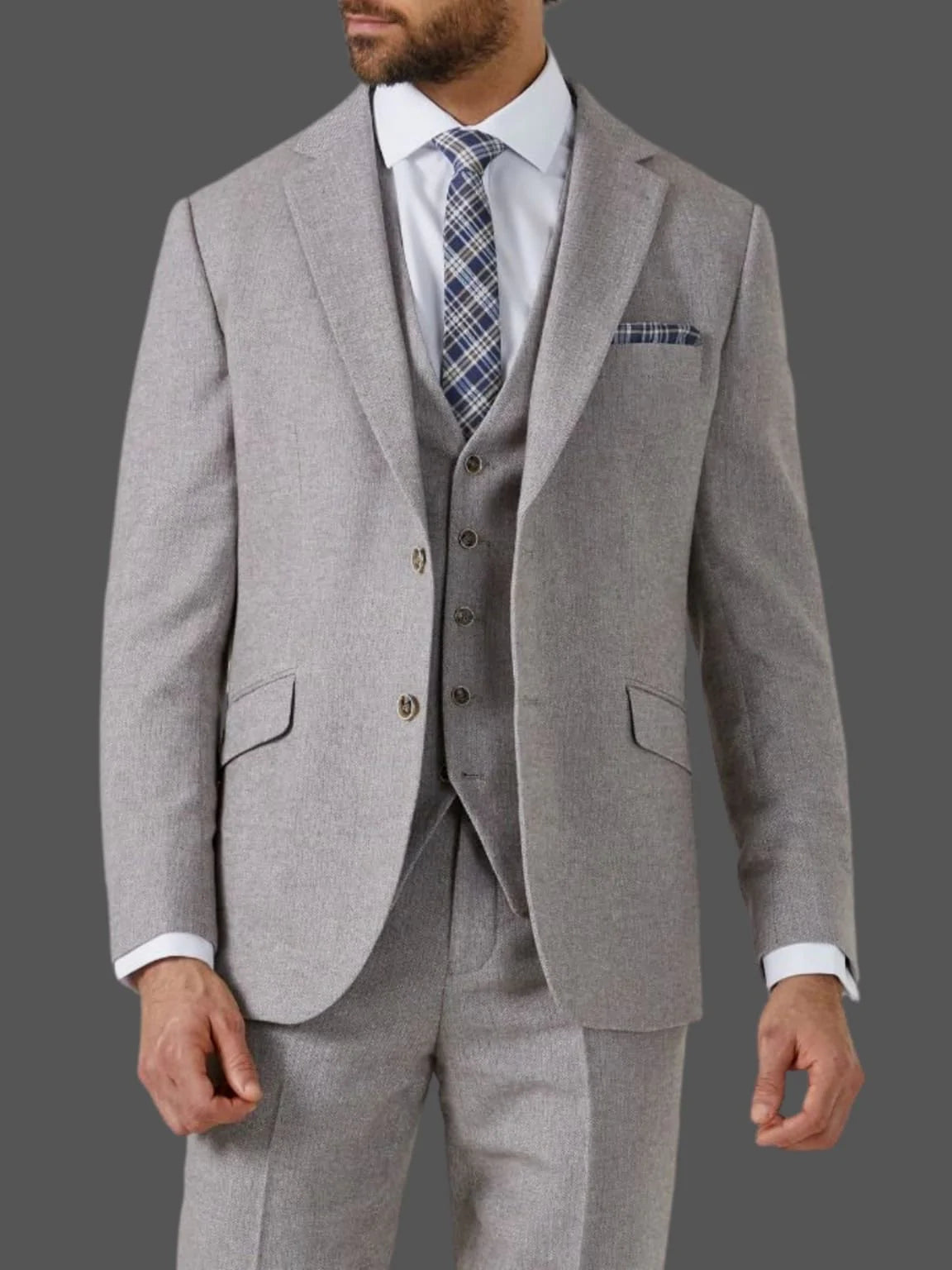 Skopes Jude Stone Beige Herringbone Tweed 3 Piece Suit - Suits