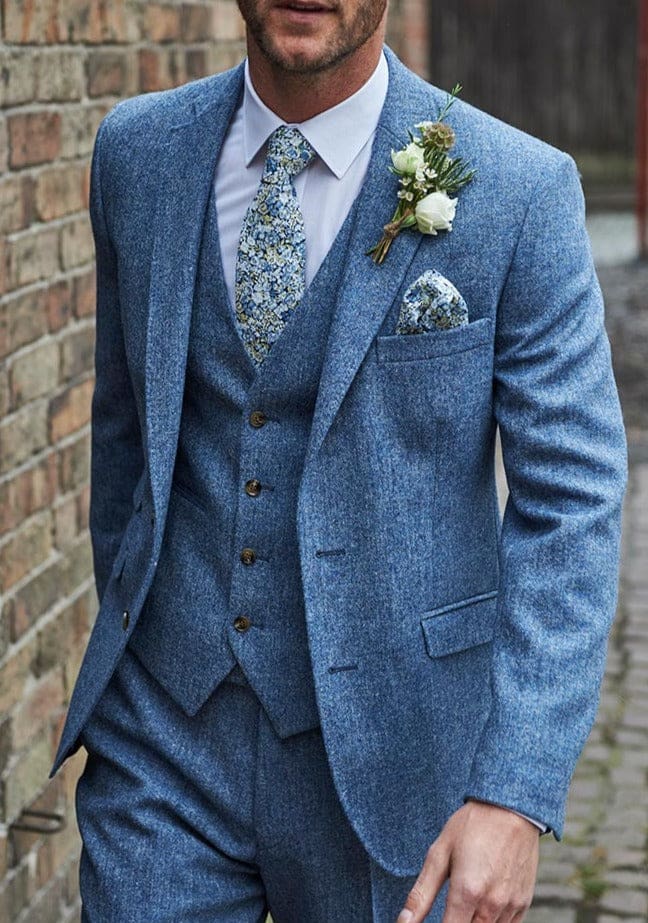 Torre Albert Light Blue 3 Piece Pure British Wool Tweed Suit - Suit & Tailoring