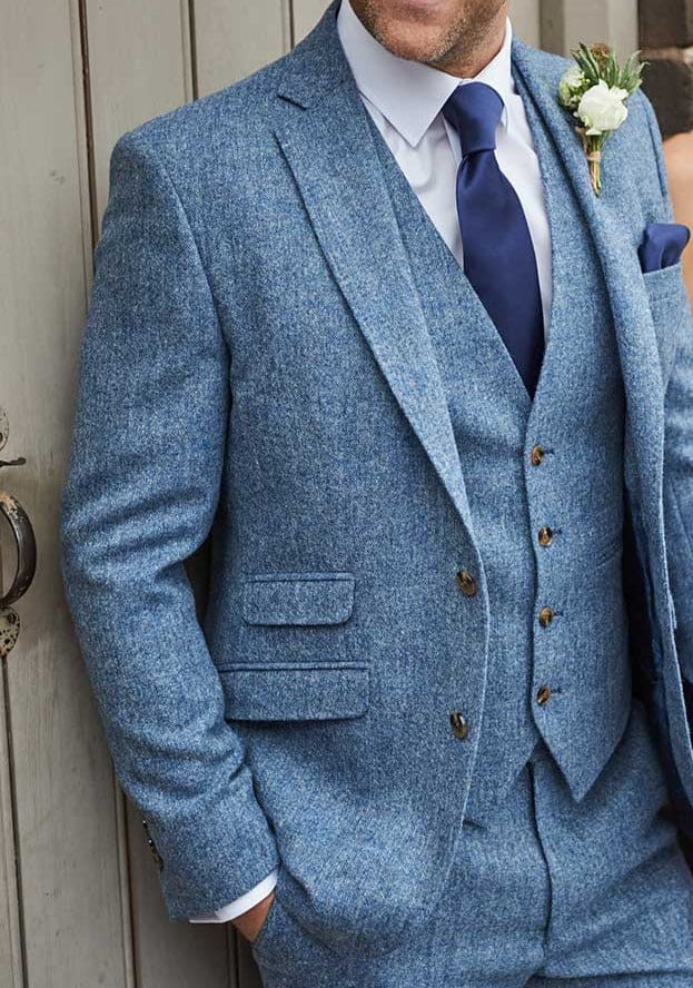 Torre Albert Light Blue 3 Piece Pure British Wool Tweed Suit - Suit & Tailoring