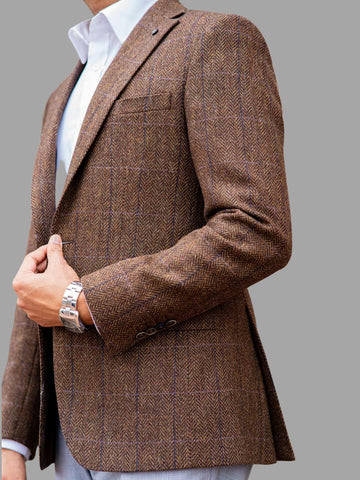 Torre Alex Premium Pure Wool Men’s Brown Tweed Blazer - Jackets