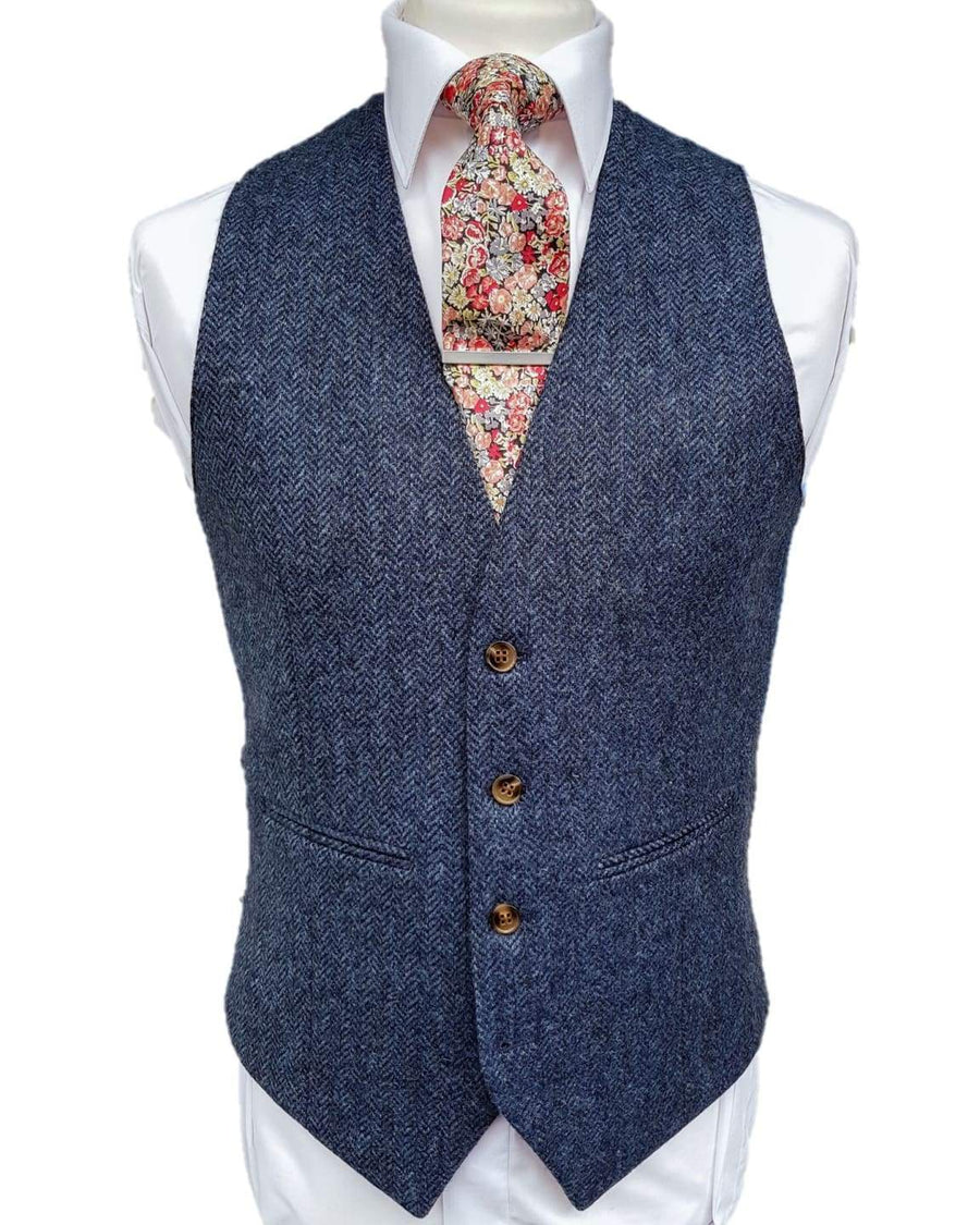 Torre Devon Blue 100% British Wool Herringbone Men's Tweed Waistcoat