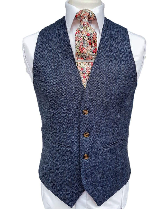 Torre Blue 100% British Wool Herringbone Mens Tweed Waistcoat - Suit & Tailoring 1152