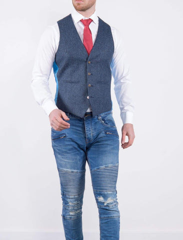 Torre Blue 100% British Wool Herringbone Mens Tweed Waistcoat - Suit & Tailoring