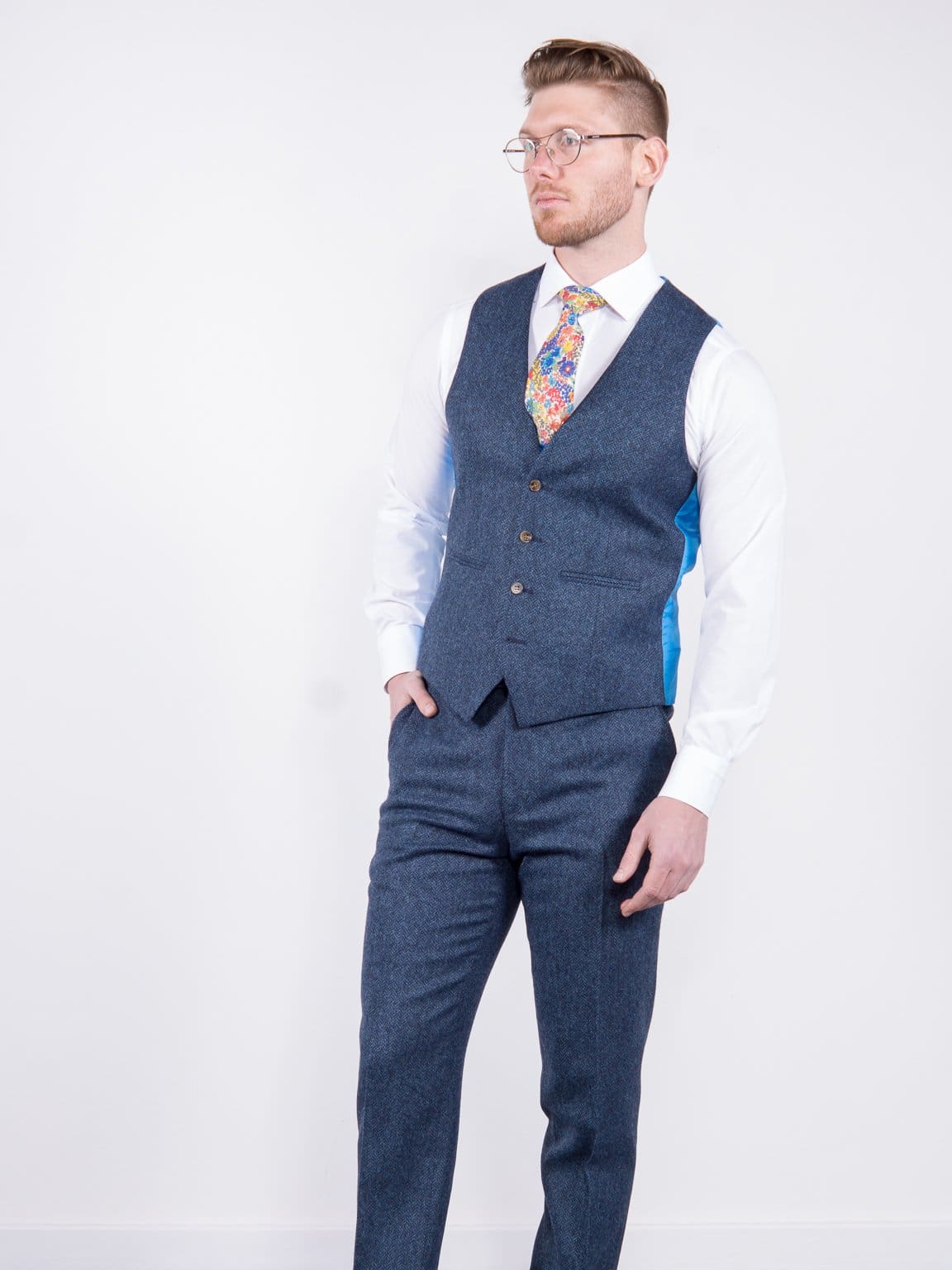 Torre Blue 100% British Wool Herringbone Mens Tweed Waistcoat - Suit & Tailoring