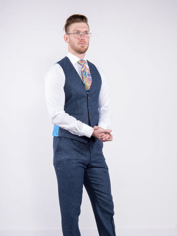 Torre Blue 100% British Wool Herringbone Mens Tweed Waistcoat - Suit & Tailoring