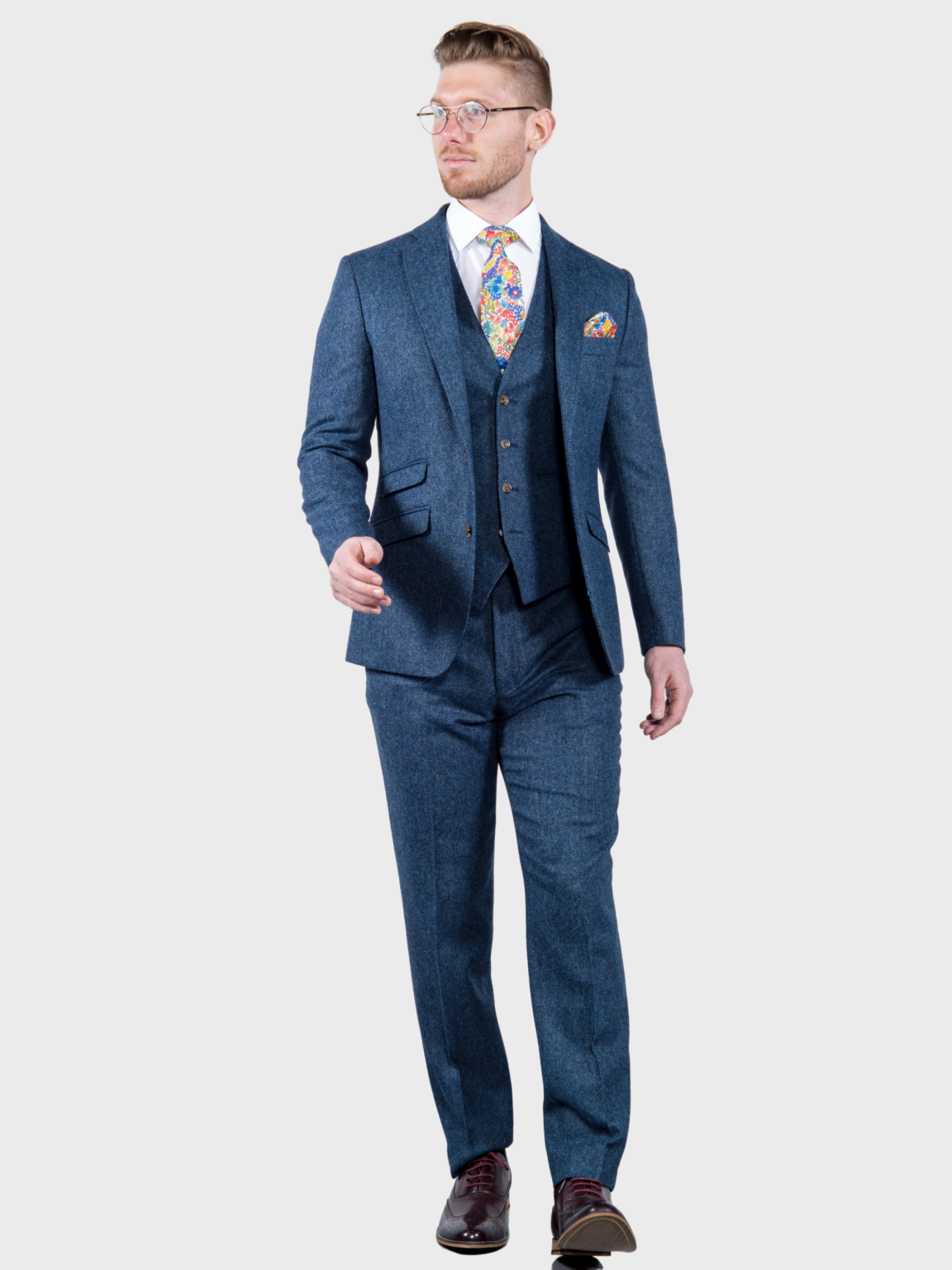 Torre Blue 100% British Wool Herringbone Tweed Trousers - Suit & Tailoring