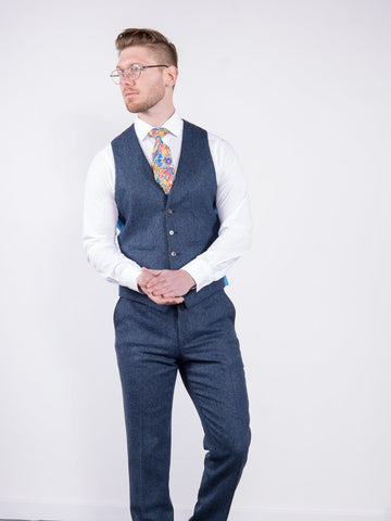 Torre Blue 100% British Wool Herringbone Tweed Trousers - Suit & Tailoring