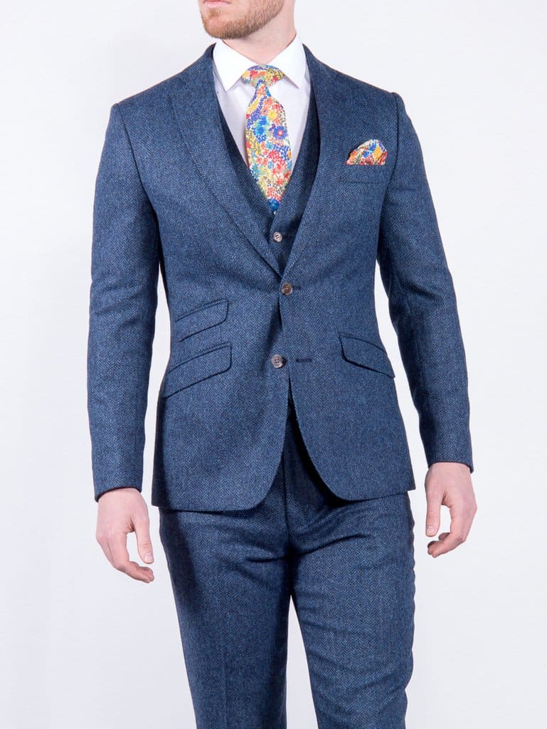 Torre Mens Blue 3 Piece 100% British Wool Tweed Suit - Suit & Tailoring