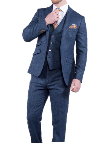 Torre Blue 100% British Wool Herringbone Mens Tweed Suit Jacket - Suit & Tailoring