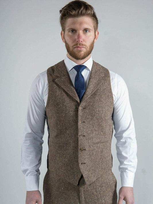 Torre Elton Tweed Mens Brown 100% Donegal Wool Tweed Waistcoat - 36R - Suit & Tailoring 1152