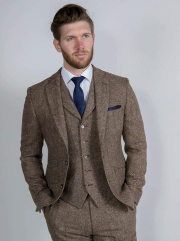 Torre Elton Tweed Mens Brown 100% Donegal Wool Waistcoat - Suit & Tailoring