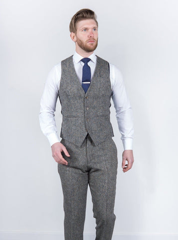 Torre Mens 3 Piece Grey 100% Wool Donegal Tweed Suit - Suit & Tailoring