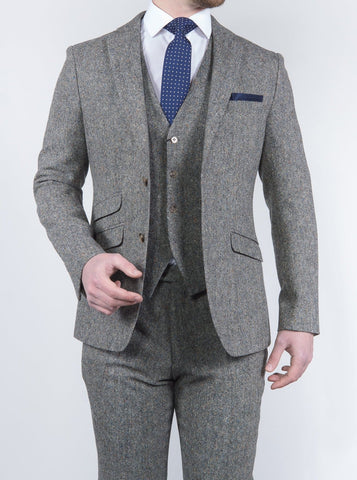 Torre Mens 3 Piece Grey 100% Wool Donegal Tweed Suit - Suit & Tailoring