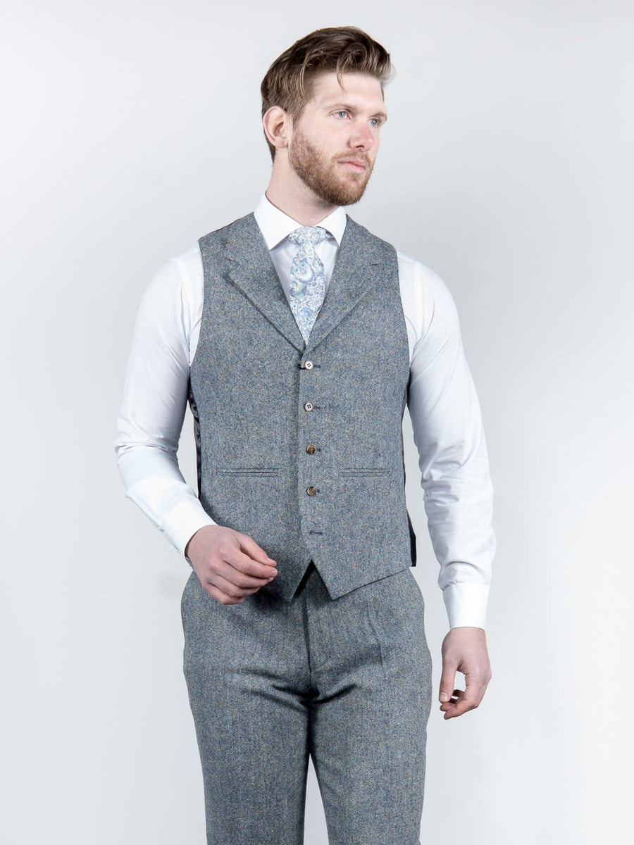Torre Men's Blue 100% Wool Donegal Tweed Waistcoat