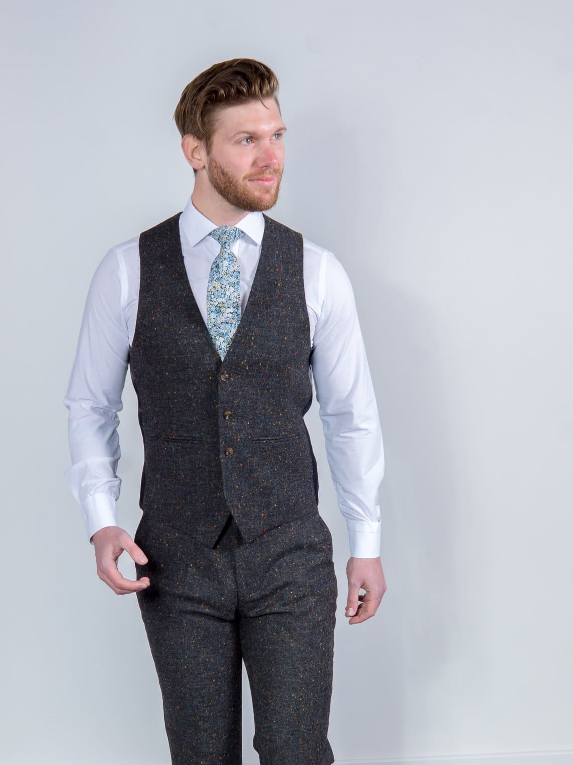 Torre Taylor Mens Grey 100% Wool Donegal Tweed Waistcoat - Suit & Tailoring