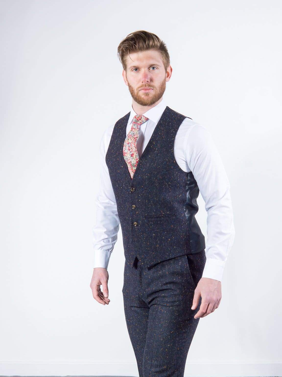 Torre Tweed Mens Navy 100% Wool Donegal Tweed Waistcoat - Suit & Tailoring