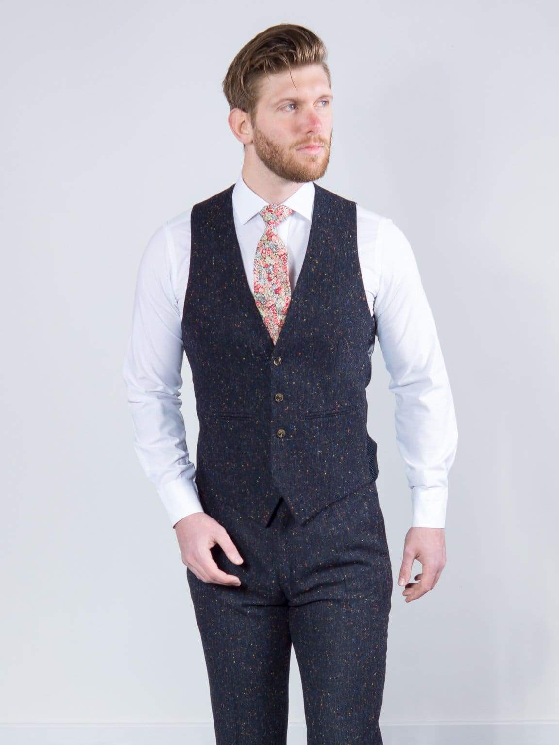 Torre Tweed Mens Navy 100% Wool Donegal Tweed Waistcoat - Suit & Tailoring