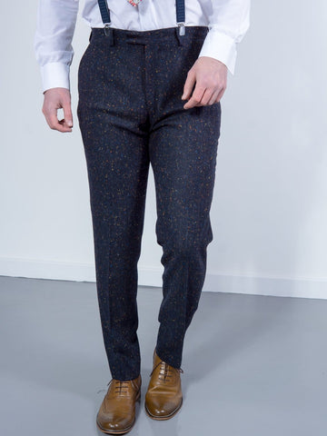 Torre Tweed Mens Navy Donegal Tweed Trousers - 32S - Suit & Tailoring